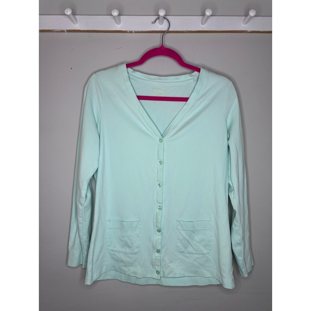 LL Bean Cotton Cardigan Mint Green‎ Button Front Womens Medium Classic